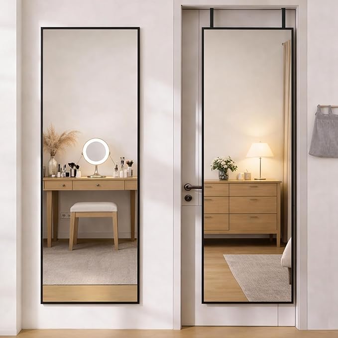 Simple Deluxe 47x14 Full Length Mirror Over The Door, Wall Mounted Full Body Mirror, Minimalist Black Aluminum Frame, HD Tempered Glass, for Bedroom, Living Room, Entryway, Black Rectangle