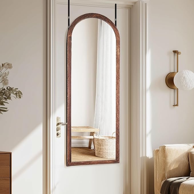 16"x48" Arched Full Length Mirror Solid Wood Wall Mirror with Hanging Strap for Living Room Bathroom Bedroom Entryway - Brown