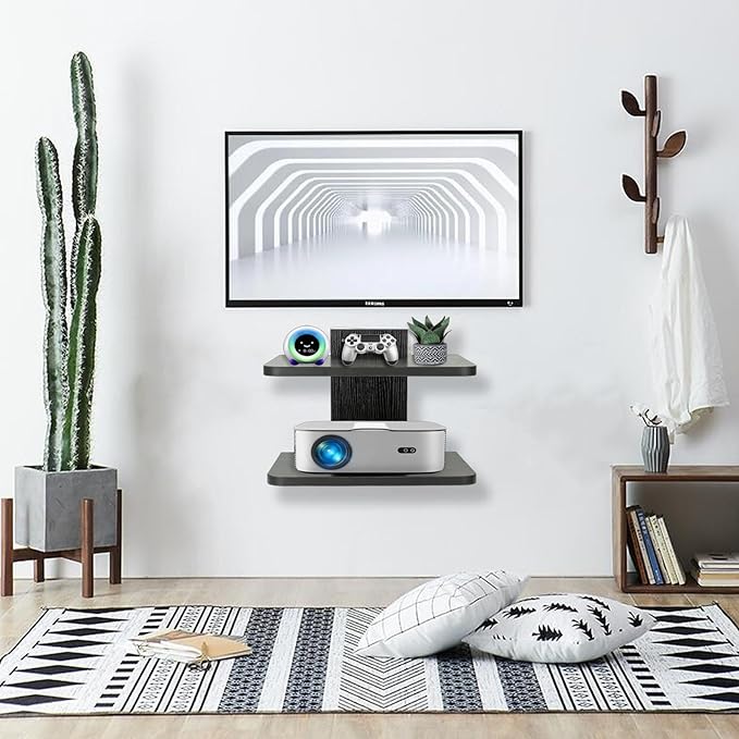 BiJun Projector Shelf, Floating Shelves for Wall Under TV Floating TV Stand Cable Box Speaker Wall Mount Entertainment Stand Router DVD Shelf for PS4/Cable Box/DVD Players/Game Console (2 Shelf)