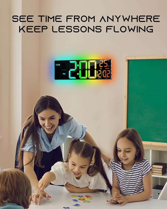 EASYERA 16.5" Large Digital Wall Clock with BT Sync, RGB Lights with 11 Scenes Mode Remote Control, Dual Alarms with Big LED Display, Auto DST, Temperature for Classroom Gaming