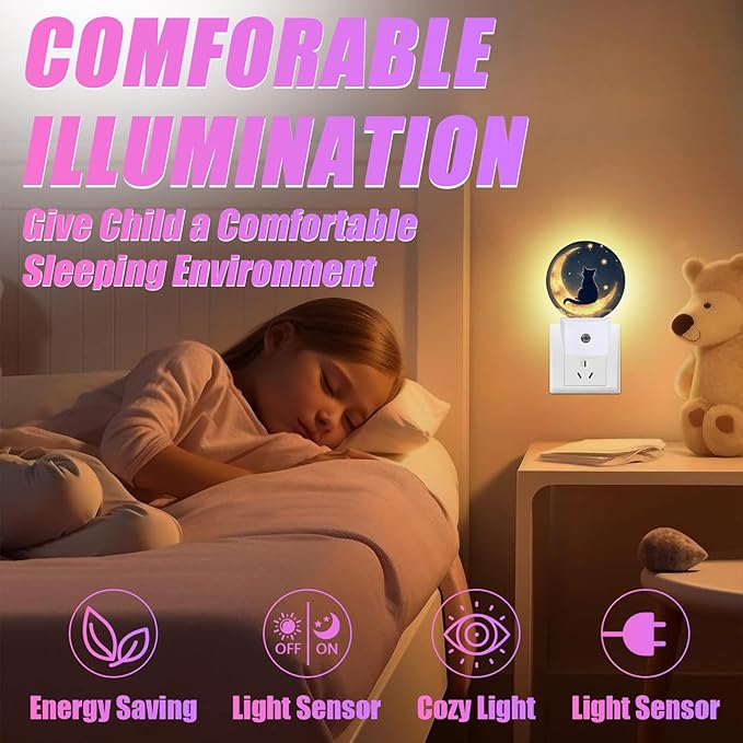 Cat Moon Night Light Starry Sky Night Lights LED Lamp Round Plug into Wall Nightlight with Dusk to Dawn Sensor Home Hallway Stairway Kitchen Decor
