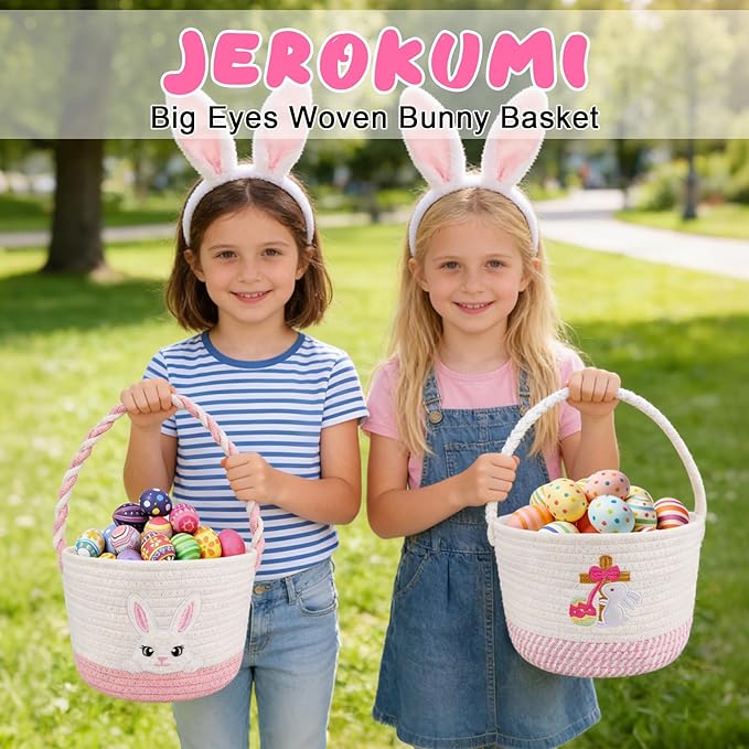 Easter Baskets for Girls, Pink Big Eyes Bunny Gift Basket Empty with Handle Woven Cotton Rope Egg Hunt Bag for Kids Babies Toddler Teens