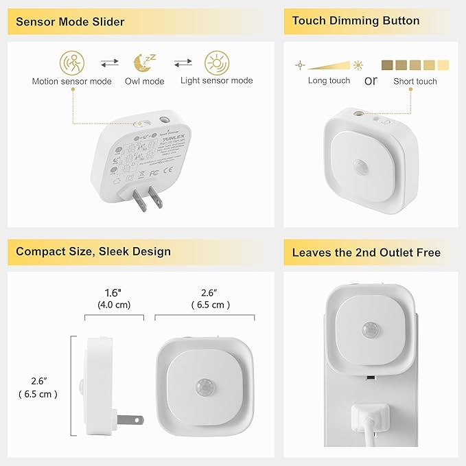 YUNLEX 2 Pack Plug in Night Light with Motion Sensor & Dusk to Dawn Sensor, 3 Sensor Modes, Night Lights Plug into Wall, Auto ON/Off, Dimmable Nightlight for Bathroom, Stairs, Kitchen, Cool White