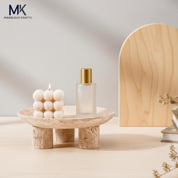 Travertine Decorative Tray 8' inch Vanity Organizer Tray for Perfume Display and Jewelry Storage, Perfect Bathroom Countertop Decor