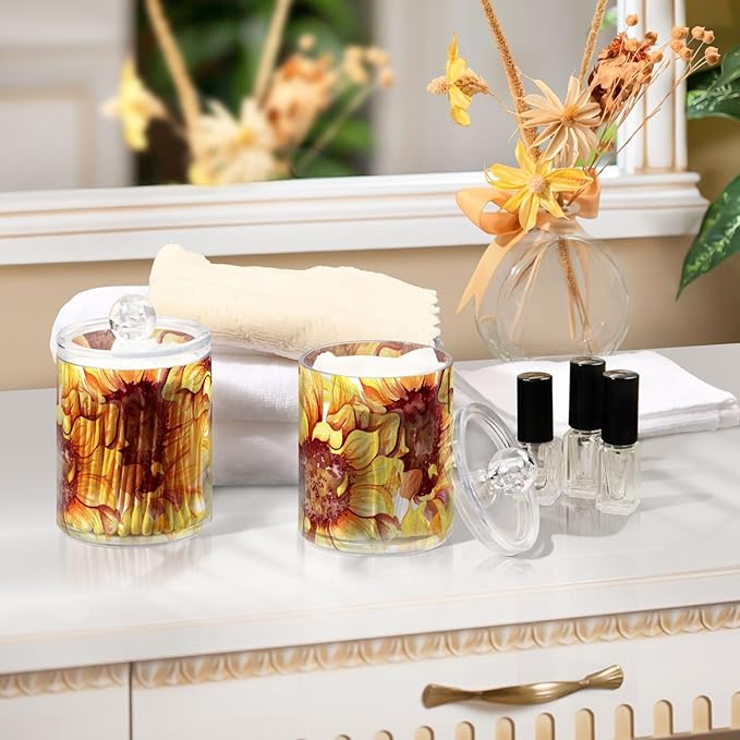 2 Pack Qtip Holder Dispenser for Cotton Ball Sunflowers Floral Cotton Swab Round Pads Clear Plastic Acrylic Jar Set Bathroom Canister