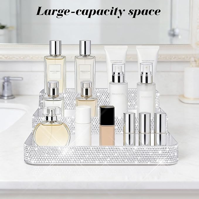 Bling Perfume Organizer Three-Tiered Shelf, Sparkle Perfume Lotion Skincare Stand, Shiny Spice Vitamins Bottles Holder, Glitter Sturdy Rack for Bathroom Countertop Cabinet Storage