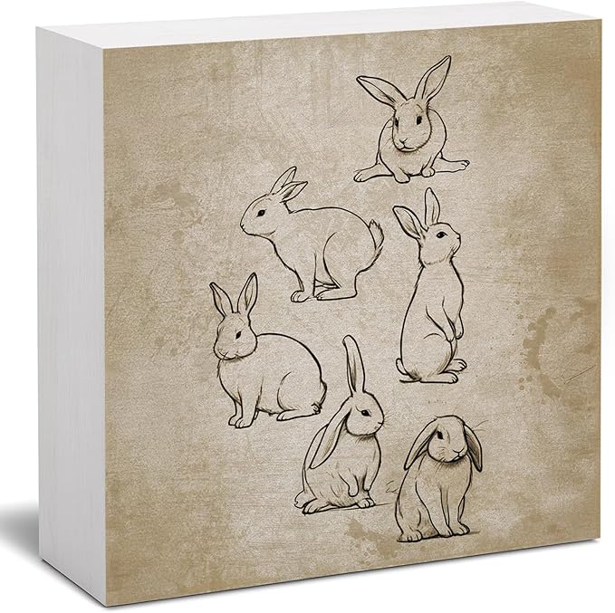 Vintage Easter Decor, Rabbit Wooden Box Sign, Rustic Easter Tiered Tray Decorations, Farmhouse Bunny Rabbit Decorative Table Centerpiece Sign for Party Home Kitchen Dining Decor 5x5