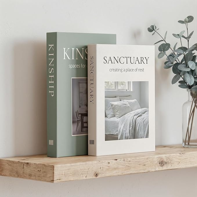 Faux Book Stacks for Decoration (Set of 2) - Decorative Books with Storage for Shelf Decor - Organic Modern & Biophilic Living Room Accents - Sanctuary & Kinship (Sage Moss Green & Beige)