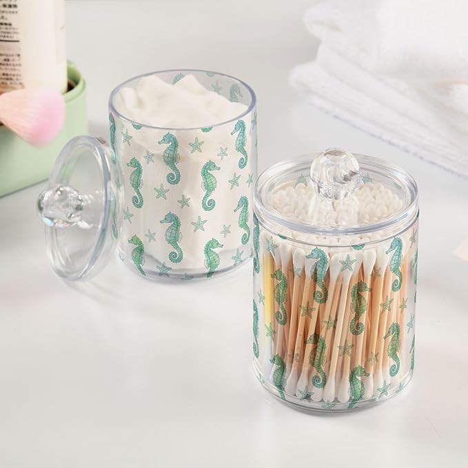 Green Seahorses Starfish Print Bathroom Containers Holder with Lids Set Clear Jars 2 Pack Plastic Makeup Storage Organizer 4.13 x 2.75In for Cotton Swabs Pads Hair Clips