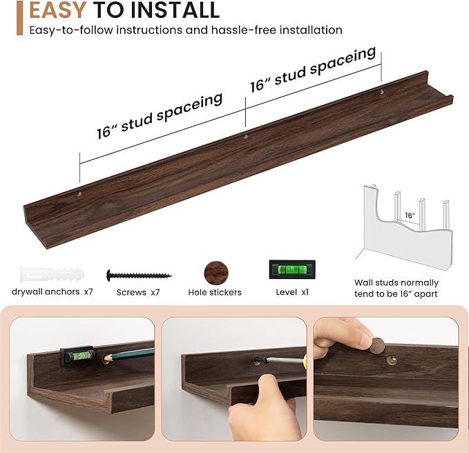 Dreamland Picture Ledge Shelf for Wall, Floating Shelves Set of 2, 48 Inch Long Floating Shelves with Lip for Living Room, Bedroom, Bathroom, Kitchen, Walnut