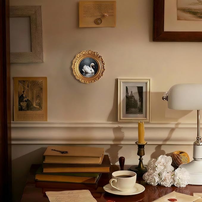 Small Vintage Swan Round Picture Frame Wall Decor, Dark Goose Gold Mini Ornate Photo Frame for TableTop Desk 2.7in Photo, Rustic Framed Artwork for Walls Office Bedroom Shelf