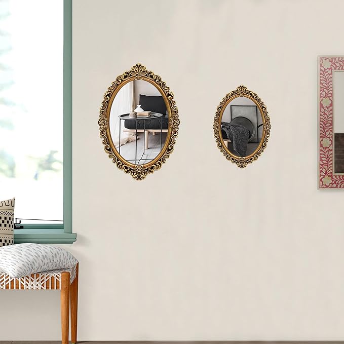 OIGUMR Small Oval Wall Mirror Resin Frame Size：15.7 x 11.2 inch.Vintage Hanging Mirrors for Bedroom Living-Room Dresser Decor Gold