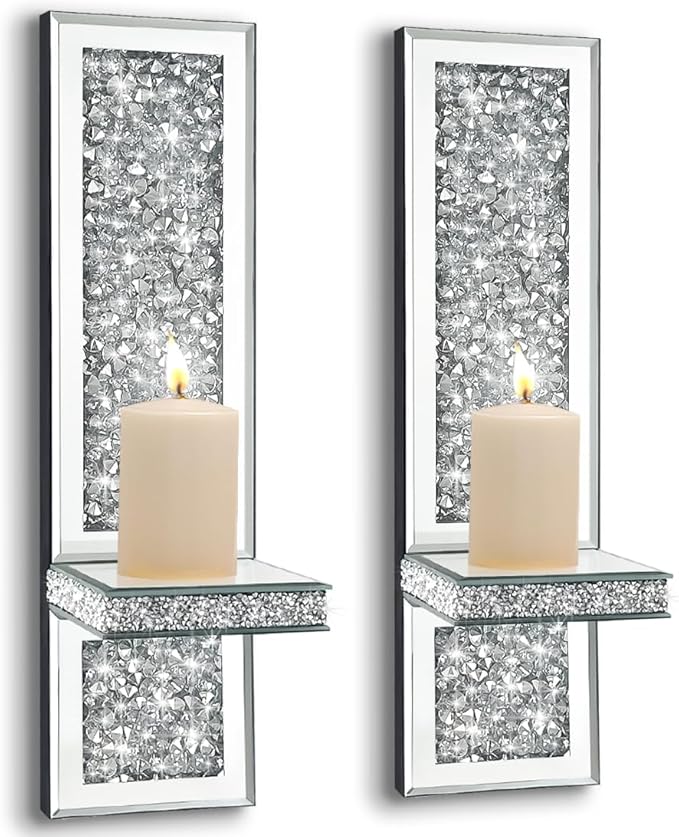 Pibeyer Crystal Crush Diamond Wall Candle Holder Set of 2, Silver Mirrored Candle Sconces, Home Wall Decoration for Living Room,Dining Room & Bedroom