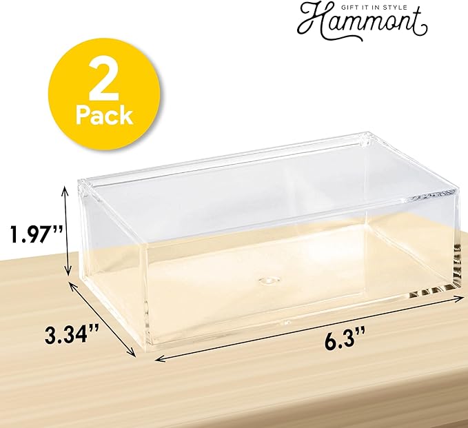 Hammont Clear Acrylic Box with Hinged Lid – Small Plastic Organizer for Office, Desk, Makeup, Crafts, Cotton Balls, Jewelry & More | 6.5"x3.5"x2" (2 Pack)
