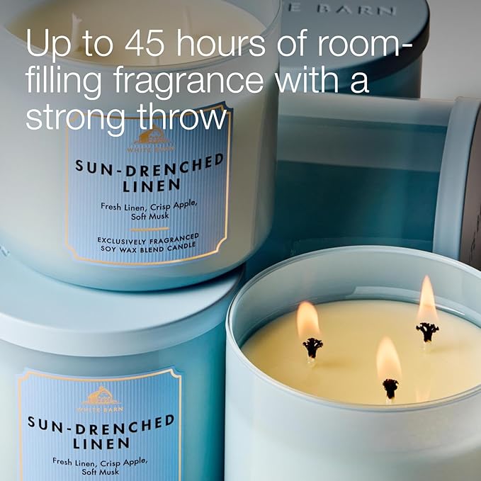 Bath & Body Works Sun-Drenched Linen 3-Wick Candle - Scented Candle for At-Home Use - Long-Lasting, Room-Filling Fragrance - High Fragrance Oil Concentration - Soy Wax Blend
