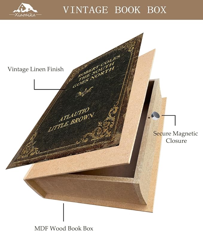 Vintage Faux Leather Decorative Book Box – Wooden Secret Storage Box with Magnetic Closure, Hidden Organizer for Bookshelf, Desk, or Office Decor (The South Goes North)