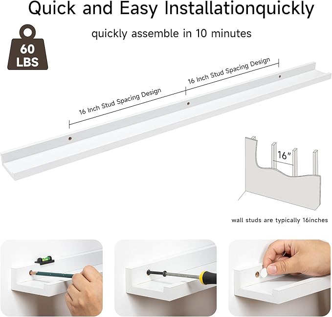 Fun Memories Picture Ledge Shelf, 40 Inch Floating Shelves Set of 2, Large Nursery Book Shelves for Toys Storage, Kids Bookshelf Wall Mounted for Wall Decor Books Photo Frames, White