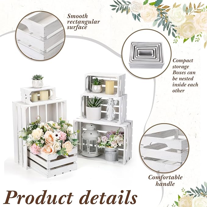CroBlissful 6 Pcs Decorative Wood Crates for Storage Display Rustic Nesting Crates with Handle Farmhouse Wooden Storage Container Boxes for Wedding Baby Shower Birthday Party(Vintage White)