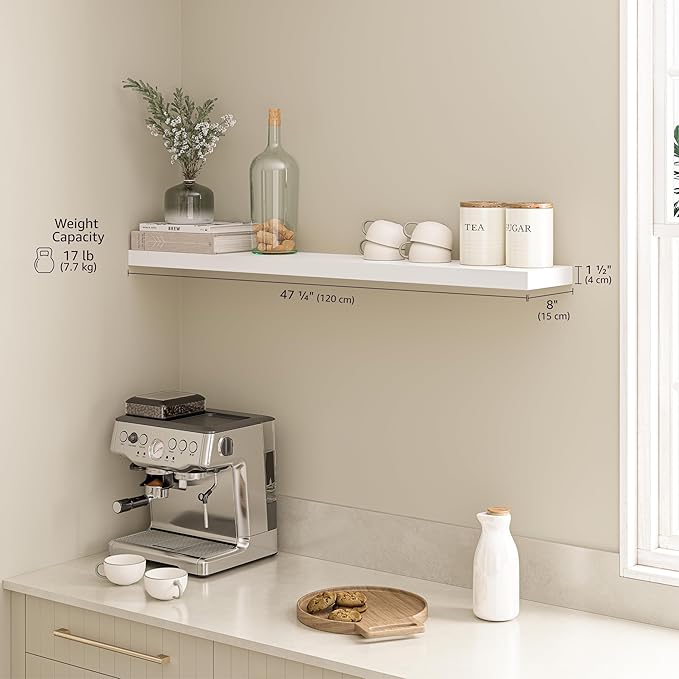 Ballucci Floating Shelf, 48" Wood Wall Shelf with Invisible Brackets for Bathroom, Living Room, Bedroom, Kitchen, Nursery, 8" Deep, White