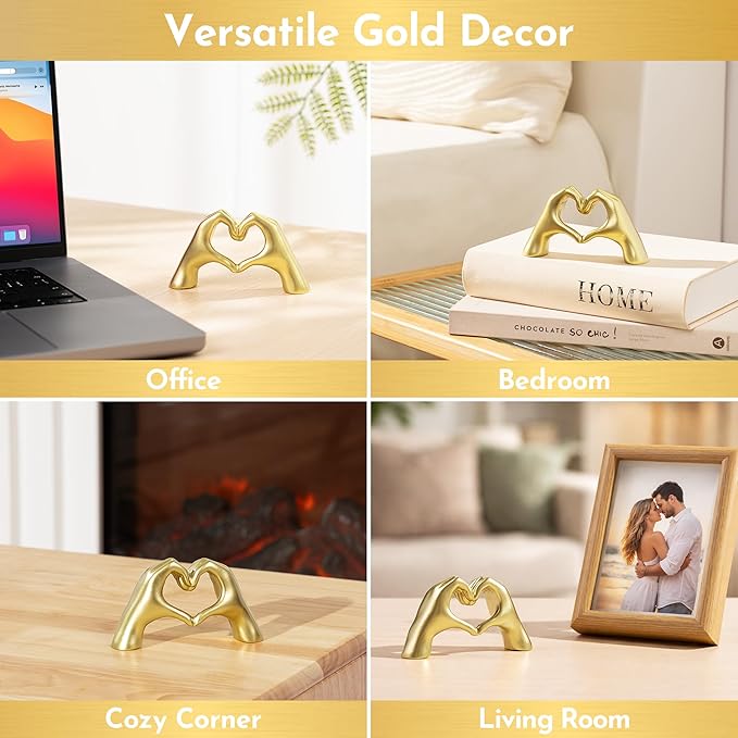 Gold Decor Living Room - Small Shelf Decor Aesthetic - Heart Hands Sculpture - Teen Girls Bedroom Knick Knacks - Cute Home Shelves Accent - Table Statue Love Decorations Gifts (Gold, Small)