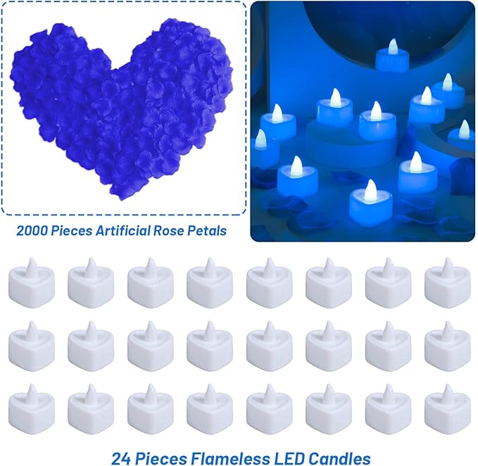 cridoz Blue Rose Petals for Romantic Night for him Set, 2000 Pieces Artificial Rose Petals with 24 Pieces Flameless LED Candles for Decoration Wedding Party Valentine's Day(Blue)