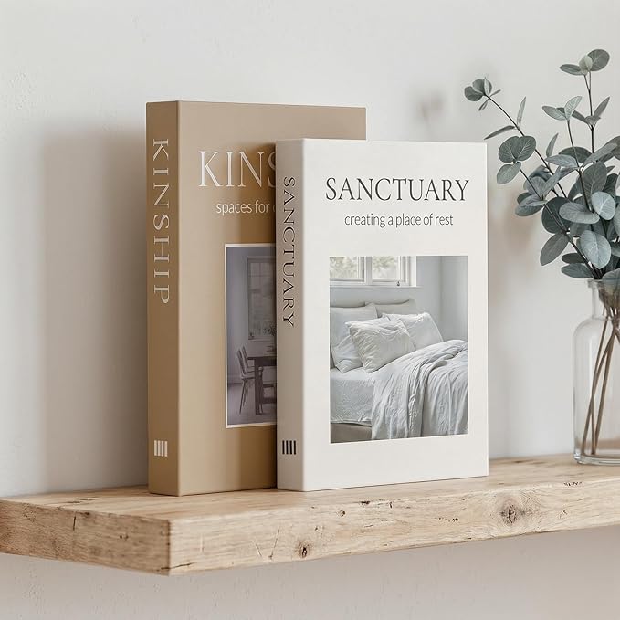 Minimalist Fake Books for Bookshelf Decor (Set of 2) - White Decorative Box with Storage - Scandi & Clean Aesthetic Coffee Table Books - Sanctuary & Kinship (Cloud White & Sand Beige)