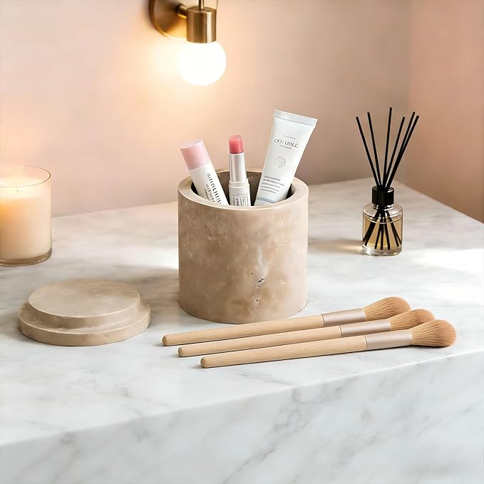 Natural Marble Storage Round Containers Cotton Swab Holder, Organizers with Lids,Travertine Stone Box for Qtips, Makeup, Bathroom Essentials & Home Storage (round box)