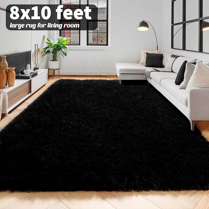 8x10 Black Rug for Living Room Bedroom, Large Big Fluffy Modern Area Rugs for Kids Room Decor Aesthetic, Shaggy Furry Floor Carpet for Dorm Office Playroom Nursery Classroom, Baby Teen Boys Men Rug