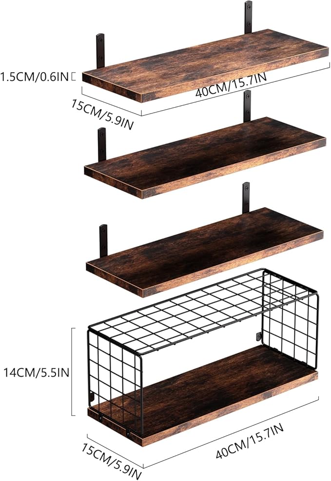 Floating Shelves with Wire Storage Basket, Over Toilet Bathroom Shelves with Metal Guardrail, Wood Wall Shelves for Bathroom, Bedroom, Kitchen - Dark Brown