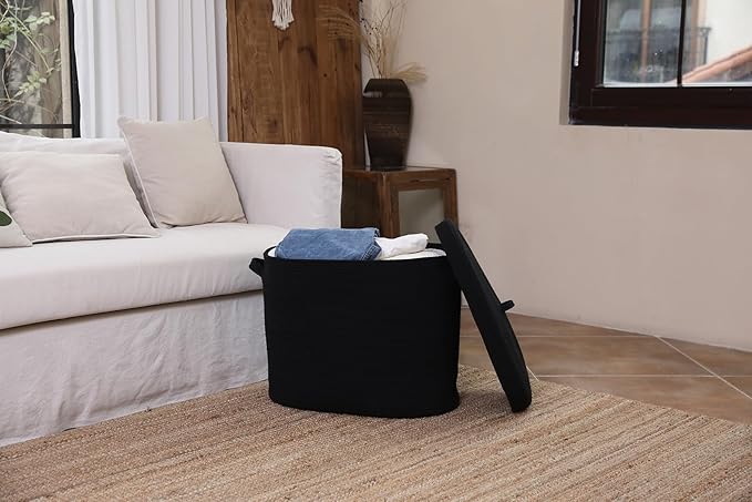 22"x14"x18" Rectangular Extra Large Storage Basket With Lid, Large Cotton Rope Storage Basket, Woven Laundry Hamper, Cloth Storage Bin, for Clothes Towels Blankets in Living Room, All Black