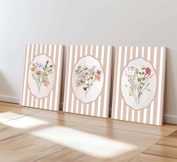 3Pcs Pink Flower Canvas Wall Art Light Pink Striped Plant Painting Picture Wall Decor Elegant wildflowers Poster Print Artwork for Bedroom Preppy dormitory Living Nursery Room Home Decoration
