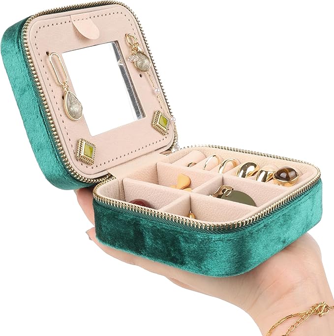OceeK Plush Velvet Jewelry Box,Travel Jewelry Case and Organizer with Mirror,Jewelry Box for Women Girls,Green,1 Pack