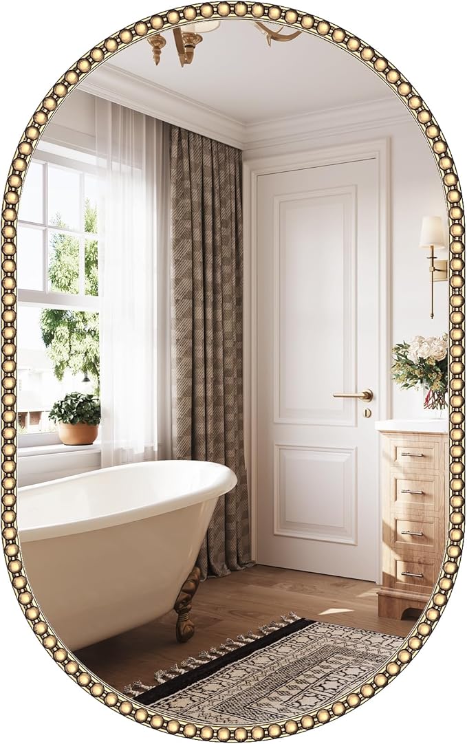 Gold Oval Mirror for Bathroom, 24"x36" Beaded Antique Brass Mirror for Wall Decorated, Champagne Bronze Vintage Vanity Mirrors for Bedroom Living Room Hallway Fireplace