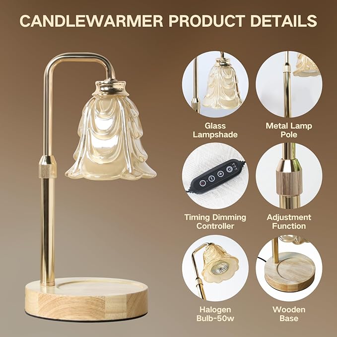 Droyek Candle Warmer Lamp with Timer Electric Candle Warmer Lamp Adjustable Height Candle Warmer Dimmable Wax Warmer Lamp Jar Candles with 2 Bulbs for Home Decor & Office