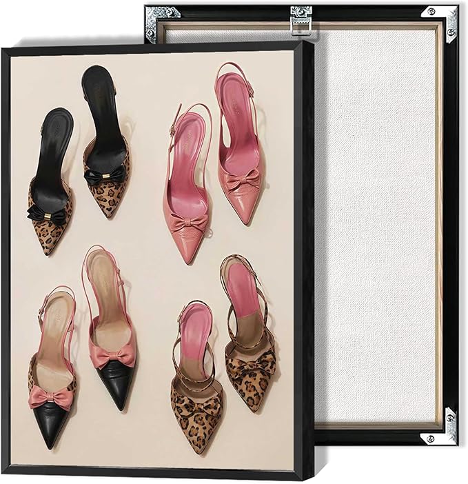 Pink Heel Leopard Posters Trendy Bow Leopard Heels Canvas Wall Art Coquettish Preppy Girly Decor Pink Sexy Aesthetic Prints Painting For Dormitory Bedroom Apartment 12x16in Framed