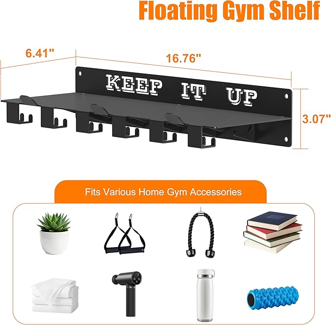 TRUSOON Tonal Accessories Shelf, 16.76" Heavy Duty Steel Wall Mounted Floating Storage Rack with T-Bracket Lock Hangers, Compatible with Various Home Gym Accessories, Black