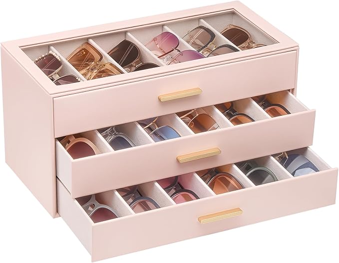 Lolalet Sunglasses Storage Box for Women, Eyewear Eye Glass Organizer with Clear Top Display Holder Case, Mothers Day Gifts