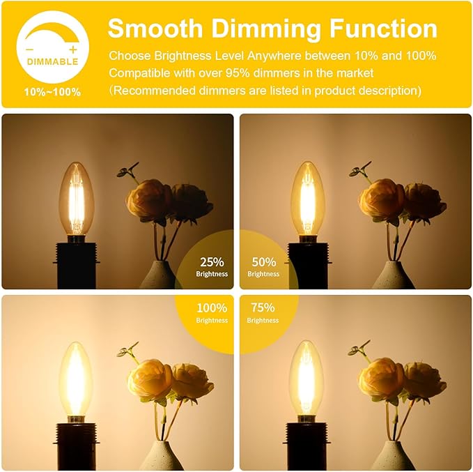 12-Pack Dimmable E12 LED Candelabra Bulbs 60W Equivalent, 2200K Soft Warm White, 600 Lumens B11 Candle Base 6W C35 LED Filament Vintage Light Bulbs, Amber Glass for Chandelier Ceiling Fan High CRI 90+