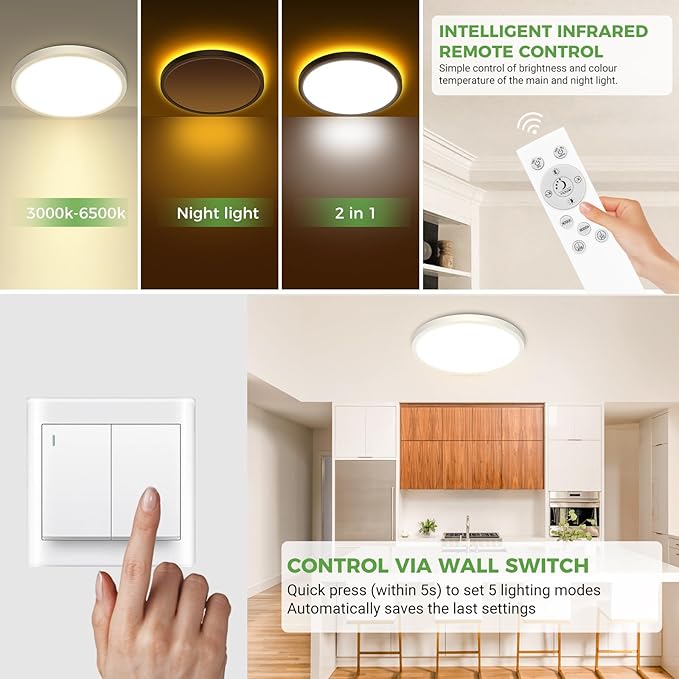zemty 19 Inch LED Ceiling Lights with Night Light 1800K, 36W 3600lm Light Fixtures with Remote Control, 3000K-6500K Adjustable, Dimmable Low Profile Ceiling Lamp for Bedroom Dining Room Kitchen-White