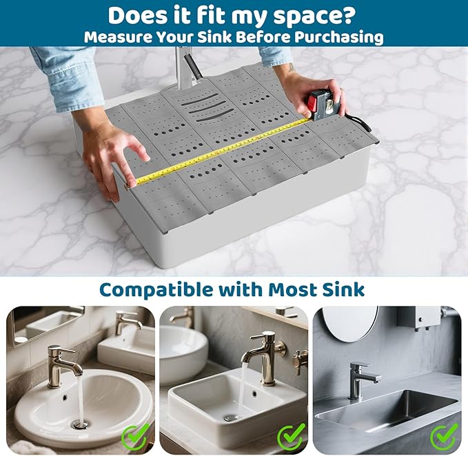 Bathroom Sink Cover for Counter Space, Foldable Silicone Makeup Mat for Hair Styling and Hot Tools, Steel Frame Core Sink Organizer for RV Camper and Small Vanity, DIY Cut to Fit, Grey