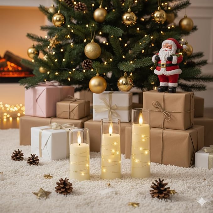 Raycare Flameless Candle with Remote Timer, 7 Flickering Acrylic Battery Operated LED Pillar Candles with Embedded Star String for Valentine's Day, Home Decor, and as a Gift(Ivory)