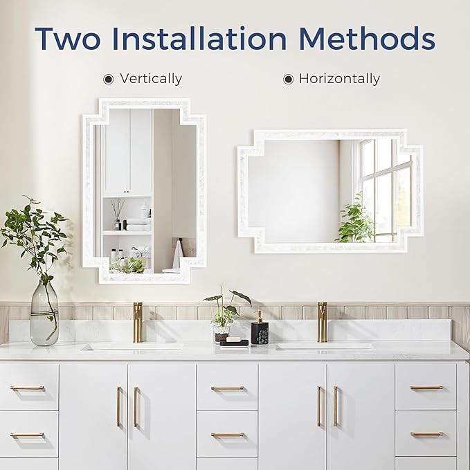 Tanmicoshomy 24 x 36 Inch Rectangle Bathroom Mirrors for Wall, White Shell Framed Decorative Mosaic Mirror for Bedroom, Living Room or Entryway, Wall Mounted Horizontal or Vertical