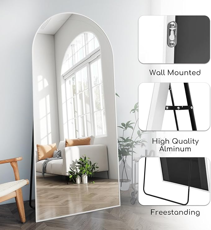 Prywot Arched Full Length Mirror, 76 "x 34" Floor Mirror Wall Mirrors Hanging or Leaning Arched-Top Full Body Mirrors with Stand for Bedroom, Dressing Room, White