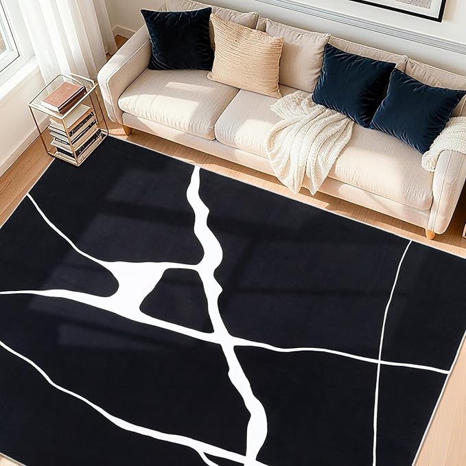 YIHOUSE Abstract Washable Rug 8x10,Ultra Thin Non Slip Black Rugs for Living Room,Modern Minimalist White Stripe Rugs for Bedroom,Dining Room Office Playroom(8'x10',Black-White)