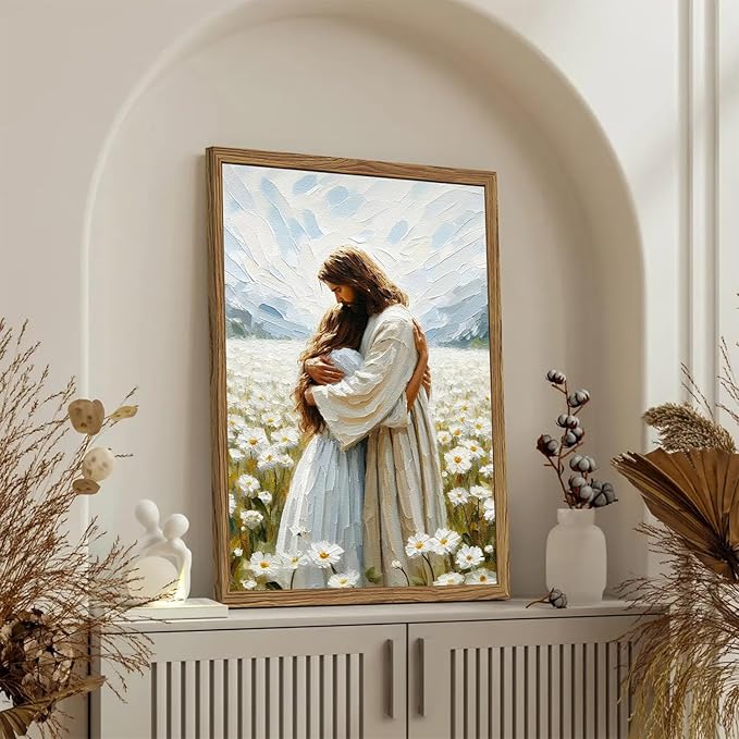 Jesus Embracing Woman Wall Art, Jesus Hugging Woman Wall Decor Framed 3D Textured Hand Drawn Sandstone Religious Christian Bible Painting Pictures for Bedroom Living Prayer Room 24x36 in Wood Framed