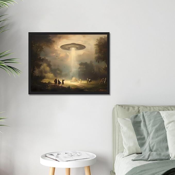 Vintage UFO Landscape Canvas Art Whimsical Farmhouse Wall Decor Retro Victorian Nature Painting Rustic Aesthetic Poster 12X16inch Black Framed