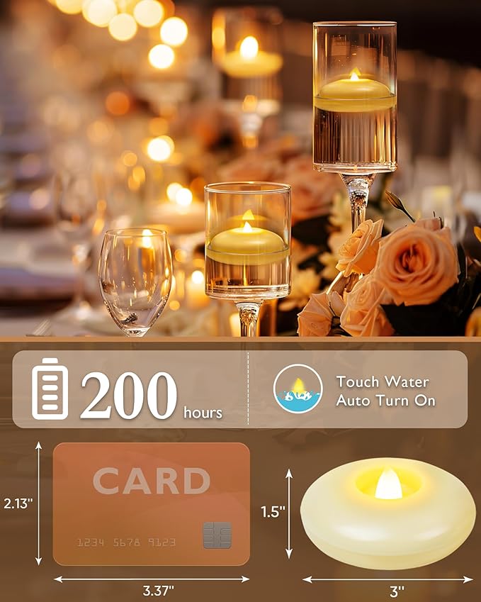 Homemory 48 Pack 3” Flameless Led Floating Candles, 200+ Hour Battery Operated Flickering Waterproof Tealights for Cylinder Vases, Centerpieces at Wedding, Party, Pool, Holiday (Ivory Base)
