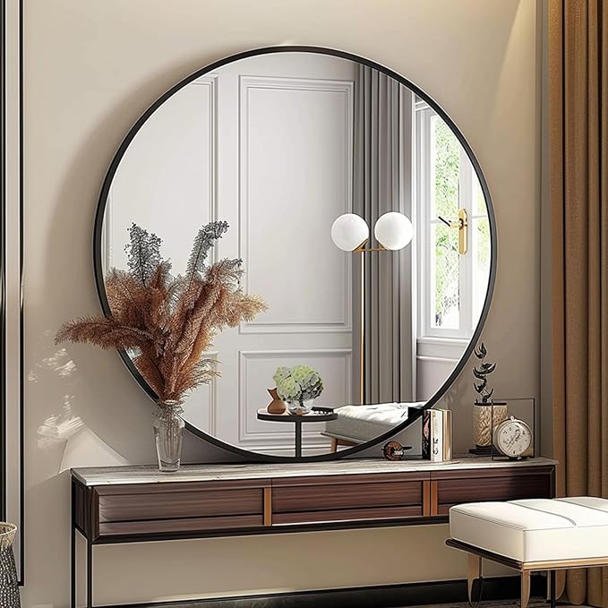 Sunniry Round Mirror 30 inch, Large Round Mirror, Black Circle Mirrors Aluminum Frame, Circle Mirrors for Wall, Bathroom, Living Room, Hallway.