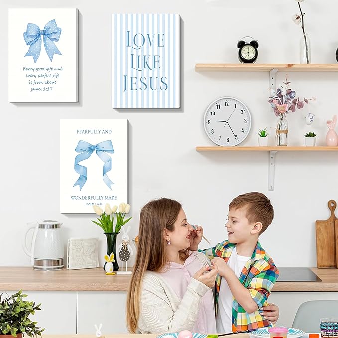 Dytila 3 Piece Blue Bows Wall Art for Girls Room, Bible Verse Pictures Bathroom Decor, Coquette Wall Artwork, Cute Teen Bedroom Decoration, Dorm Decor for College, College Gifts for Girls 16x24 Inch