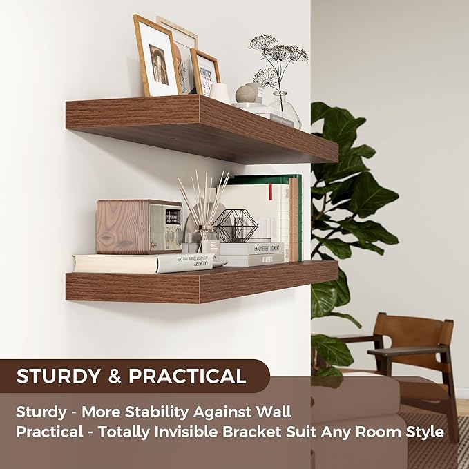 Venusmiles Floating Shelves for Wall, Engineered Wood Wall Shelves with Invisible Brackets for Living Room Bedroom Bathroom Office Kitchen Decor and Storage (Walnut, 48" W x 9" D x 1.5" H) Set of 2